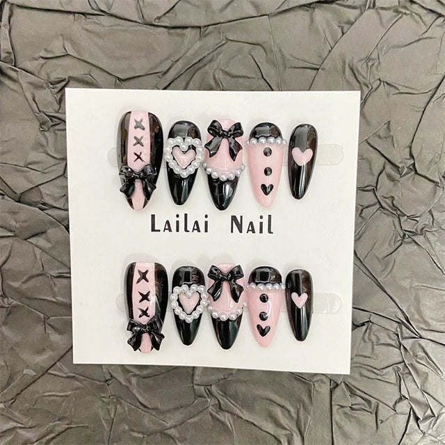 Noir Rose Press-On Nails, Almond Medium