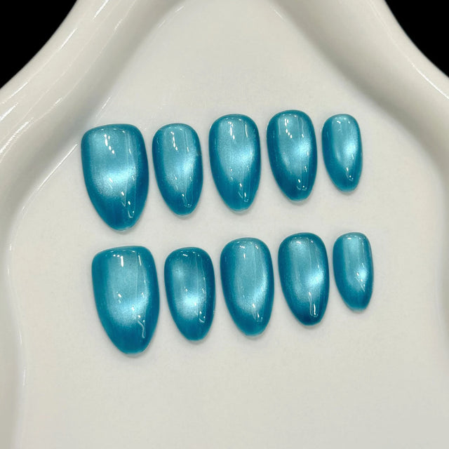 Glass Bead Cat Eye Press-On Nails, Almond Short