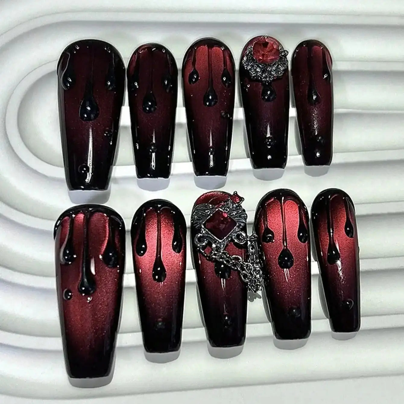 Blood Red Cat Eye Press-On Nails, Coffin Long
