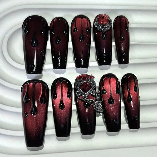 Blood Red Cat Eye Press-On Nails, Coffin Long