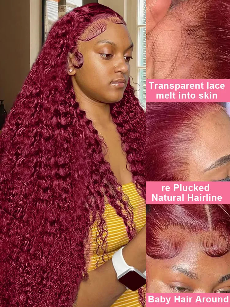 30 40 Inch Water Curly 99J Burgundy 13x4 Lace Frontal Wig High Density Red Colored Deep Wave 13x6 HD Lace Front Human Hair Wigs