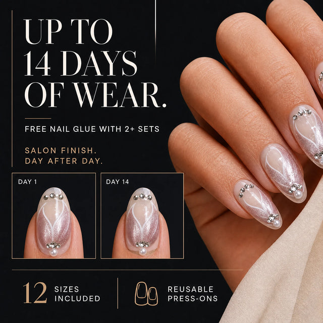 Aurora Pearl Press-On Nails, Almond Medium — 14 days of wear (infographie sombre)