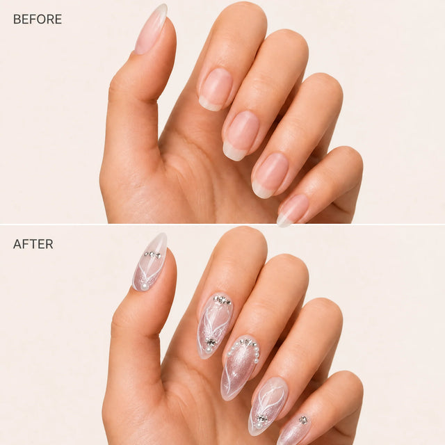Aurora Pearl Press-On Nails, Almond Medium — Before / After (fond crème)
