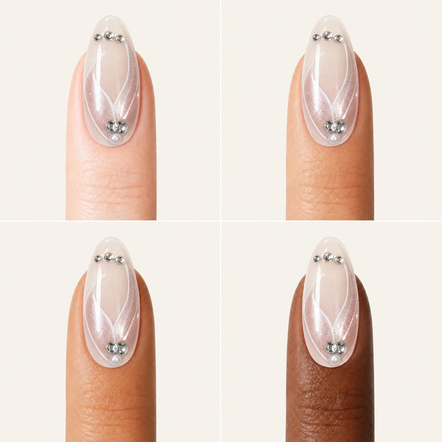 Aurora Pearl Press-On Nails, Almond Medium — Grille 4 doigts (4 carnations, crème)
