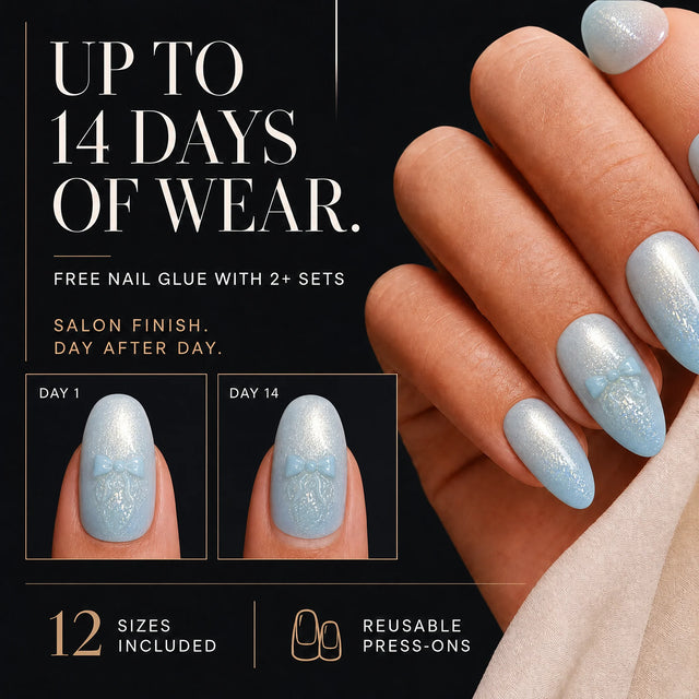 Azure Cat Eye Press-On Nails, Almond Medium — 14 days of wear (infographie sombre)