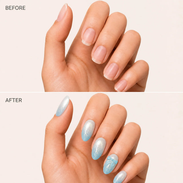 Azure Cat Eye Press-On Nails, Almond Medium — Before / After (fond crème)