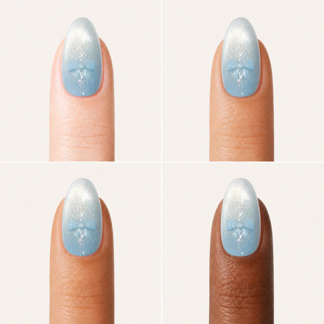 Azure Cat Eye Press-On Nails, Almond Medium — Grille 4 doigts (4 carnations, crème)