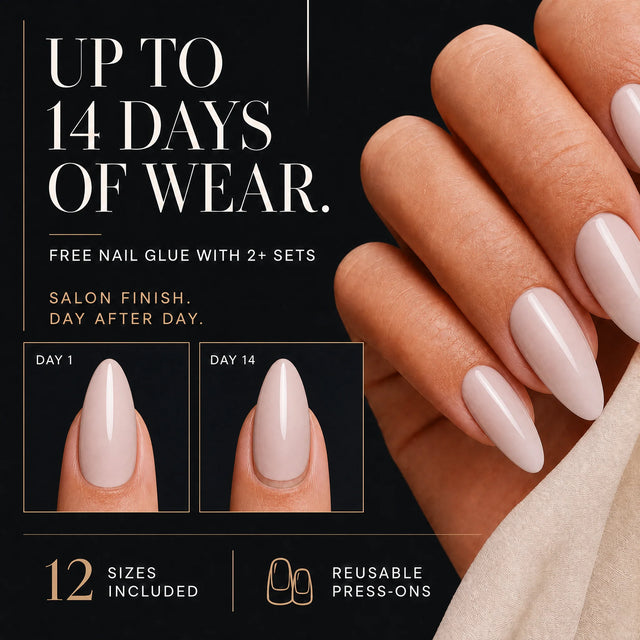 Ballet Press-On Nails, Medium Almond — 14 days of wear (infographie sombre)