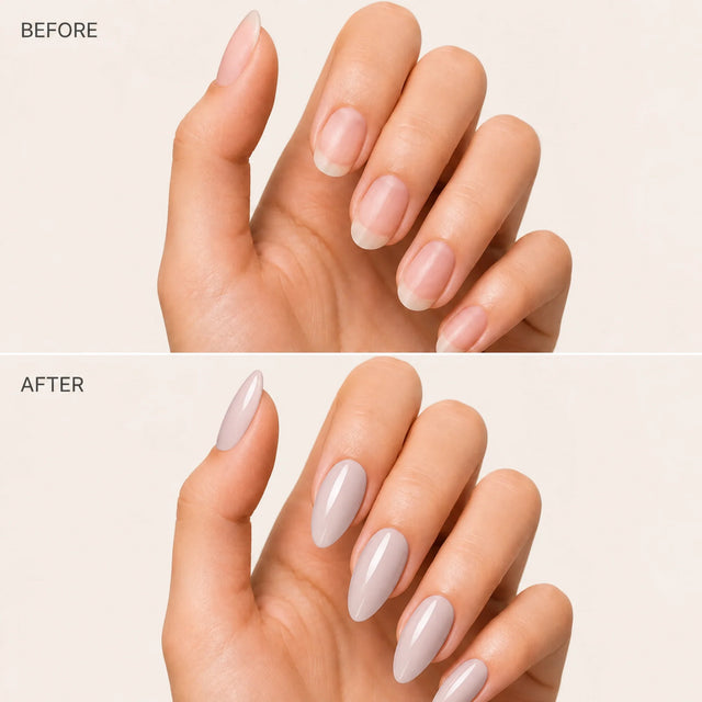 Ballet Press-On Nails, Medium Almond — Before / After (fond crème)