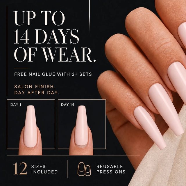Ballet Press-On Nails, Long Coffin — 14 days of wear (infographie sombre)