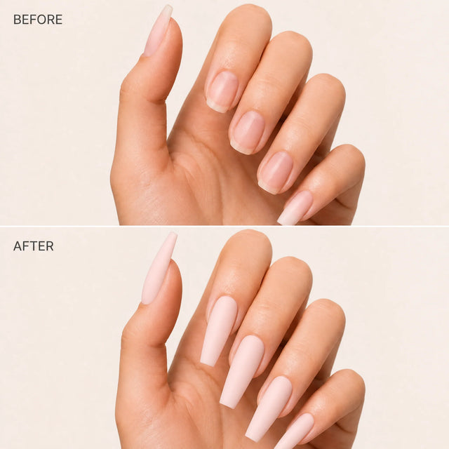 Ballet Press-On Nails, Long Coffin — Before / After (fond crème)