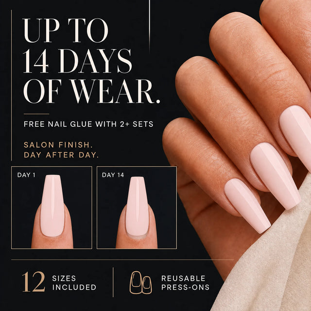 Ballet Press-On Nails, Medium Coffin — 14 days of wear (infographie sombre)