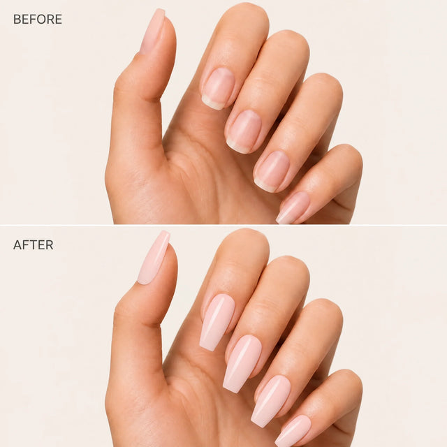 Ballet Press-On Nails, Medium Coffin — Before / After (fond crème)