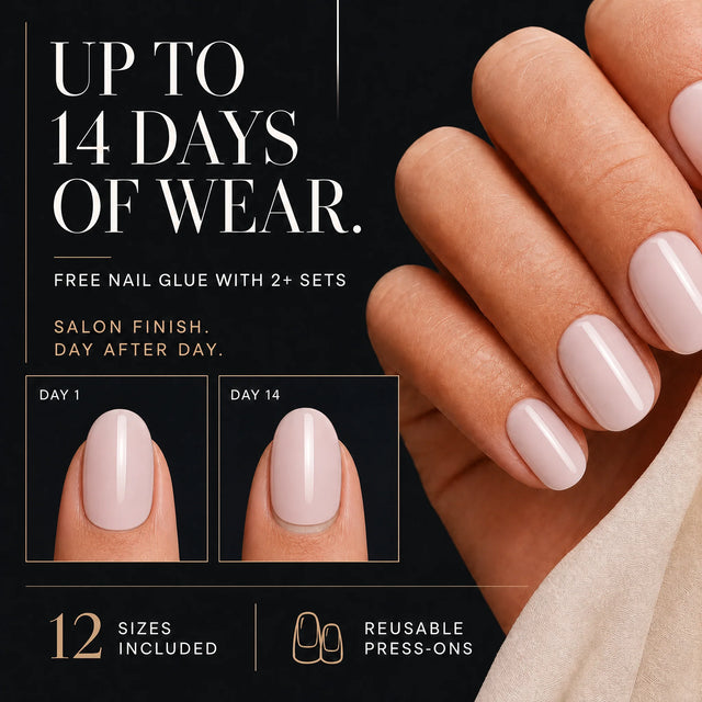 Ballet Press-On Nails, Short Oval — 14 days of wear (infographie sombre)