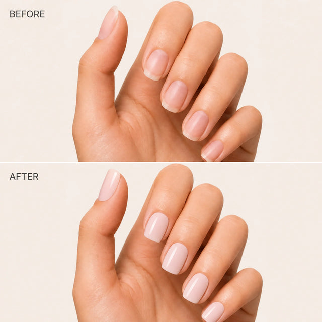Ballet Press-On Nails, Short Square — Before / After (fond crème)