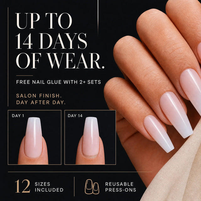 Bare Ballerina Press-On Nails, Coffin Long — 14 days of wear (infographie sombre)