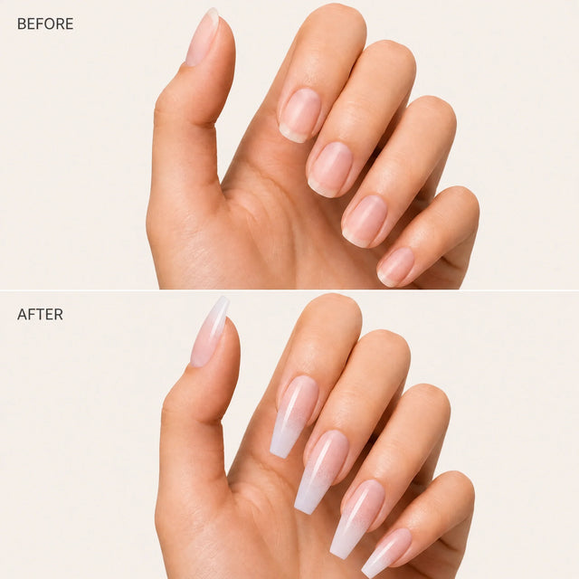 Bare Ballerina Press-On Nails, Coffin Long — Before / After (fond crème)