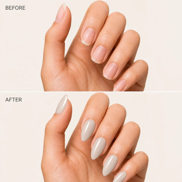 Bare Press-On Nails, Medium Almond — Before / After (fond crème)