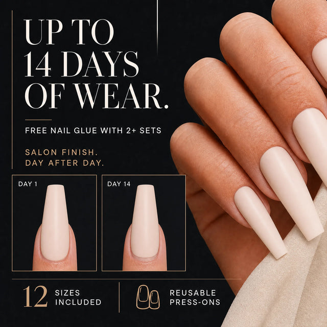 Bare Press-On Nails, Long Coffin — 14 days of wear (infographie sombre)