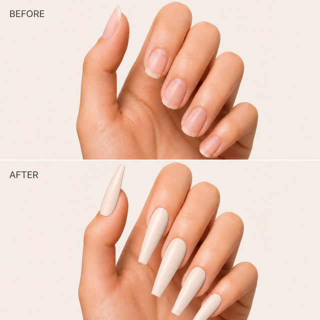 Bare Press-On Nails, Long Coffin — Before / After (fond crème)