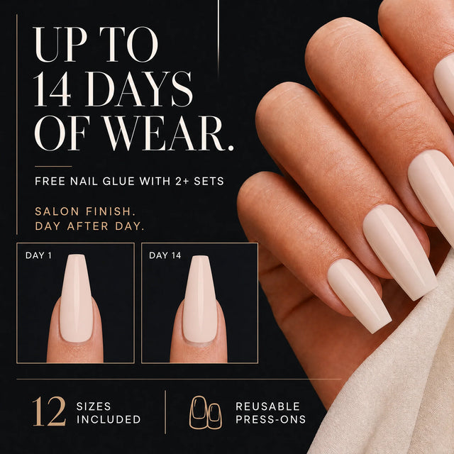 Bare Press-On Nails, Medium Coffin — 14 days of wear (infographie sombre)