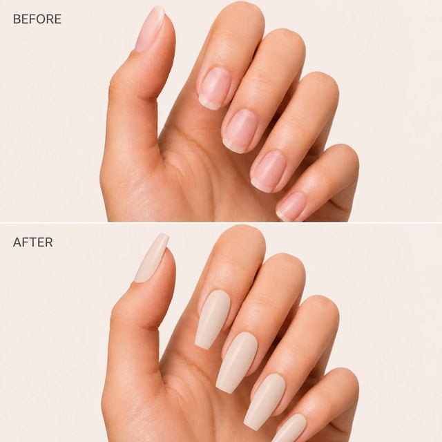 Bare Press-On Nails, Medium Coffin — Before / After (fond crème)