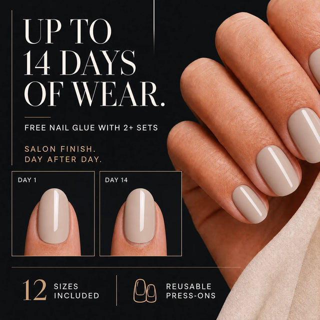 Bare Press-On Nails, Short Oval — 14 days of wear (infographie sombre)
