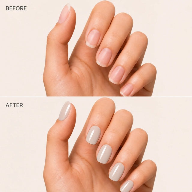 Bare Press-On Nails, Short Oval — Before / After (fond crème)