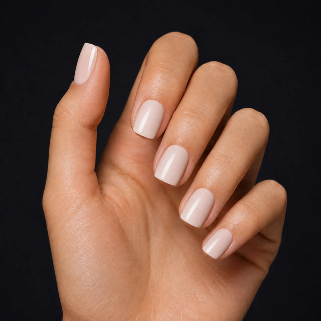 Bare Press-On Nails, Short Square — Hero — une main, fond noir