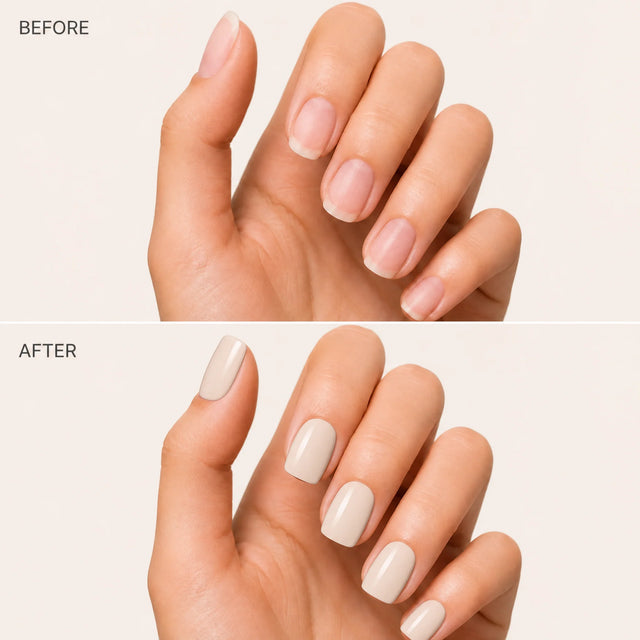 Bare Press-On Nails, Short Square — Before / After (fond crème)
