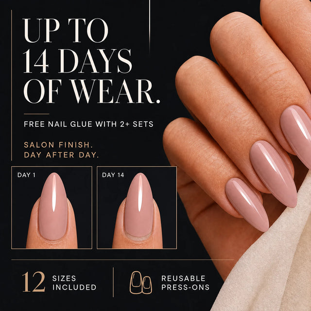 Blush Press-On Nails, Medium Almond — 14 days of wear (infographie sombre)