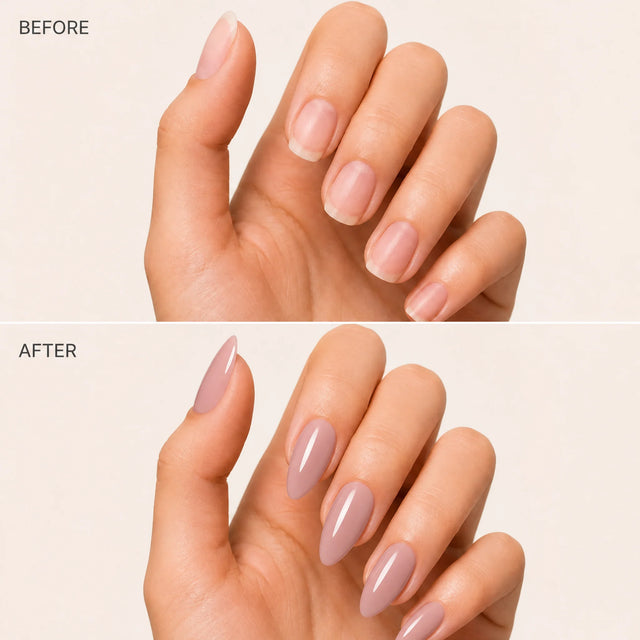 Blush Press-On Nails, Medium Almond — Before / After (fond crème)
