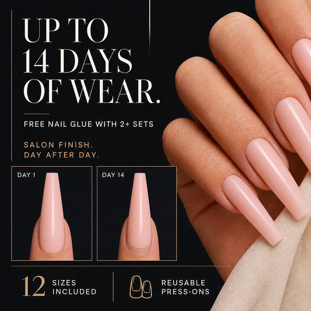 Blush Press-On Nails, Long Coffin — 14 days of wear (infographie sombre)