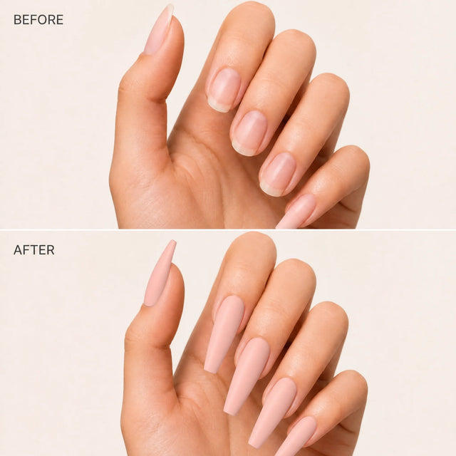 Blush Press-On Nails, Long Coffin — Before / After (fond crème)