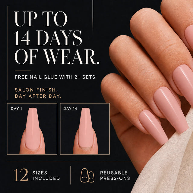 Blush Press-On Nails, Medium Coffin — 14 days of wear (infographie sombre)