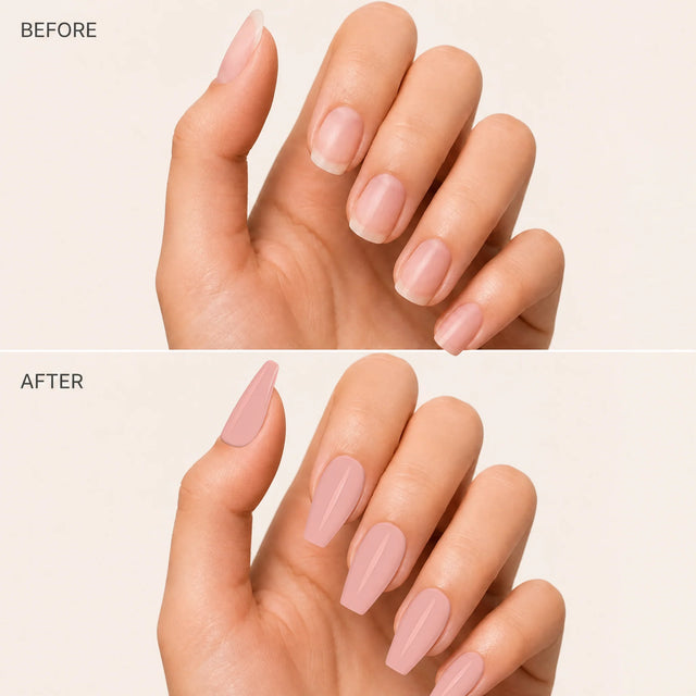 Blush Press-On Nails, Medium Coffin — Before / After (fond crème)