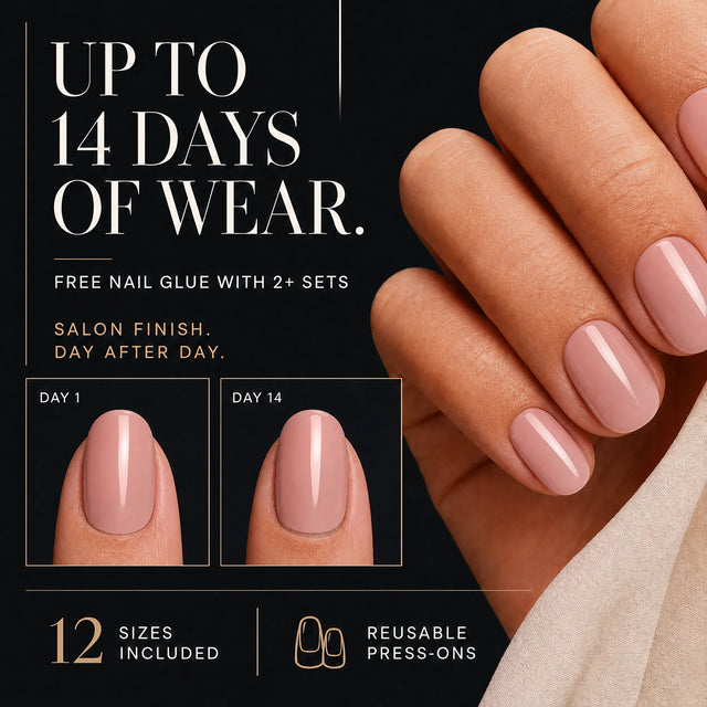 Blush Press-On Nails, Short Oval — 14 days of wear (infographie sombre)
