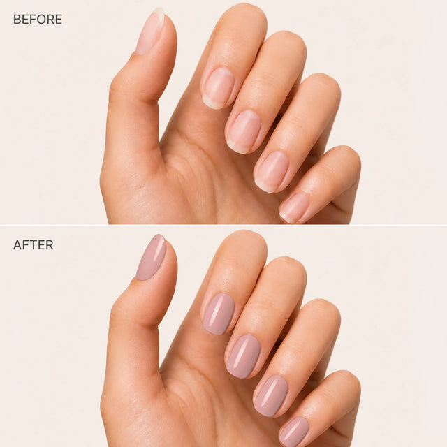 Blush Press-On Nails, Short Oval — Before / After (fond crème)