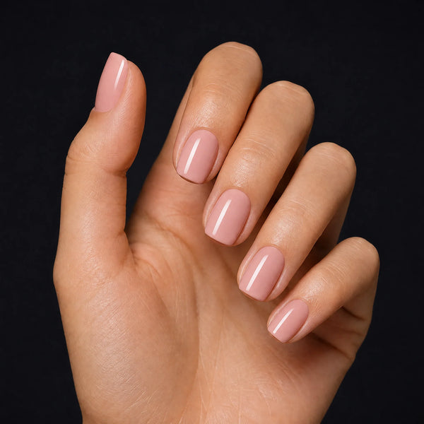 Blush Press-On Nails, Short Square — Hero — une main, fond noir