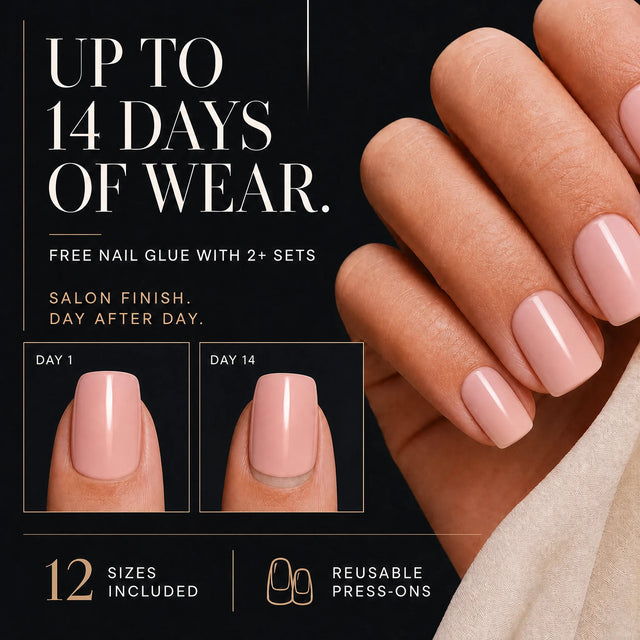 Blush Press-On Nails, Short Square — 14 days of wear (infographie sombre)