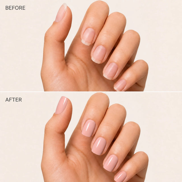 Blush Press-On Nails, Short Square — Before / After (fond crème)