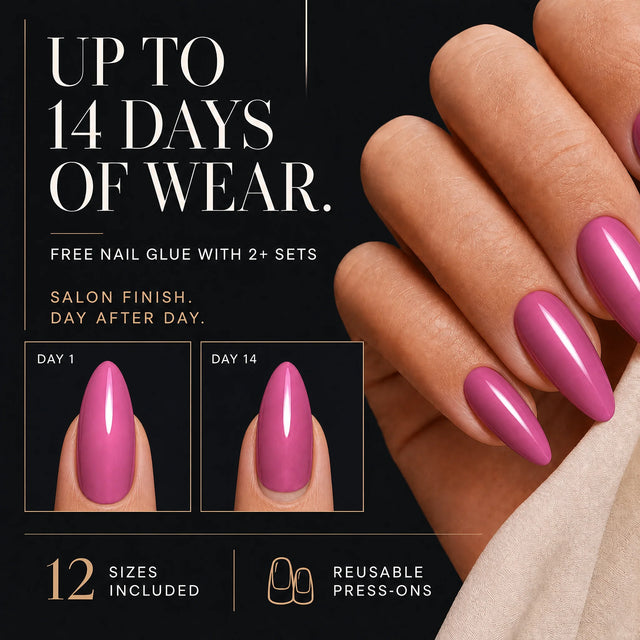 Bubblegum Press-On Nails, Medium Almond — 14 days of wear (infographie sombre)