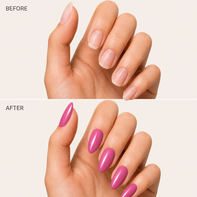Bubblegum Press-On Nails, Medium Almond — Before / After (fond crème)