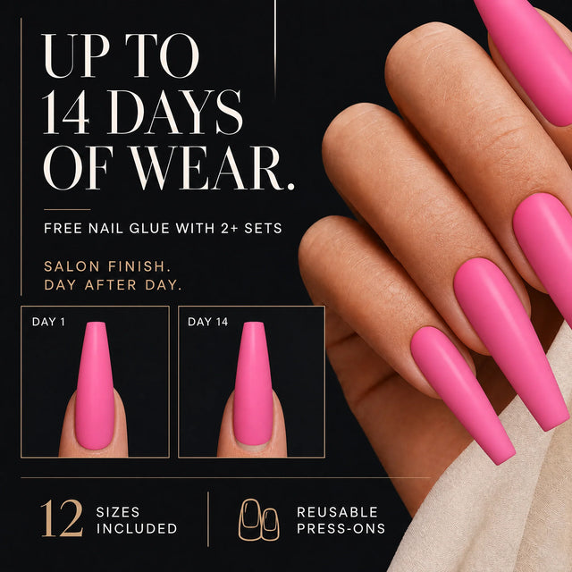 Bubblegum Press-On Nails, Long Coffin — 14 days of wear (infographie sombre)