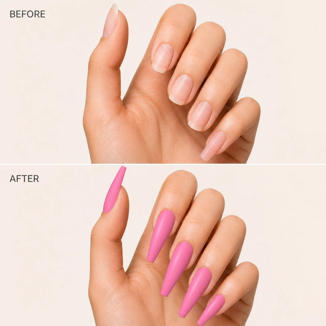 Bubblegum Press-On Nails, Long Coffin — Before / After (fond crème)