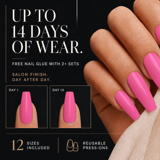 Bubblegum Press-On Nails, Medium Coffin — 14 days of wear (infographie sombre)