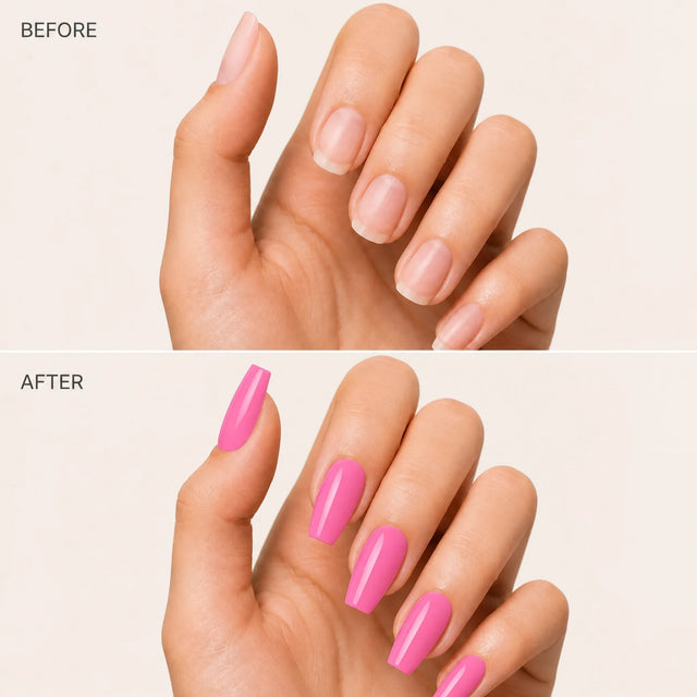 Bubblegum Press-On Nails, Medium Coffin — Before / After (fond crème)