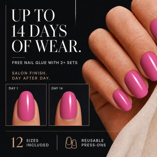Bubblegum Press-On Nails, Short Oval — 14 days of wear (infographie sombre)