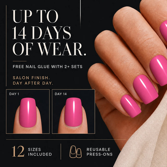 Bubblegum Press-On Nails, Short Square — 14 days of wear (infographie sombre)