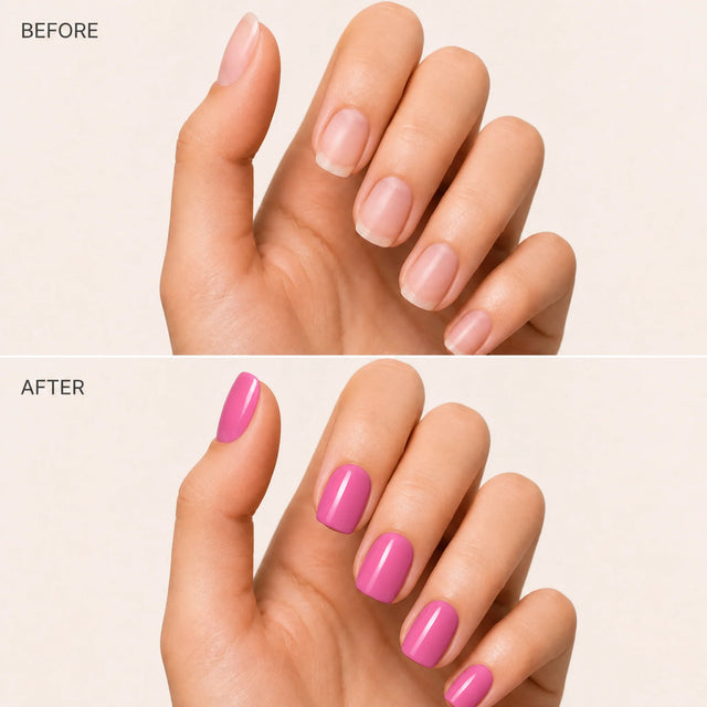 Bubblegum Press-On Nails, Short Square — Before / After (fond crème)